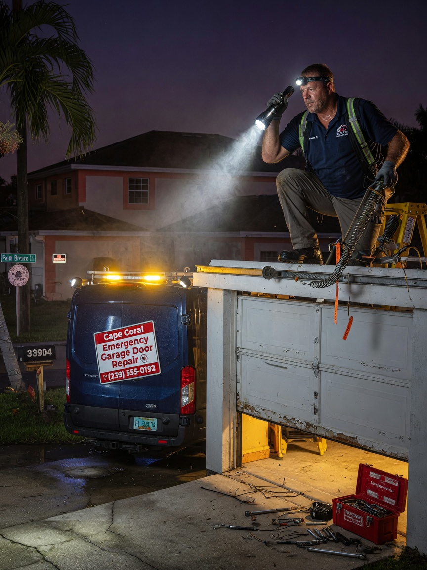 Ultra-realistic 8K image of emergency Garage Door Repair at night in Cape Coral 33904, technician with flashlight working on illuminated garage door, dramatic contrast