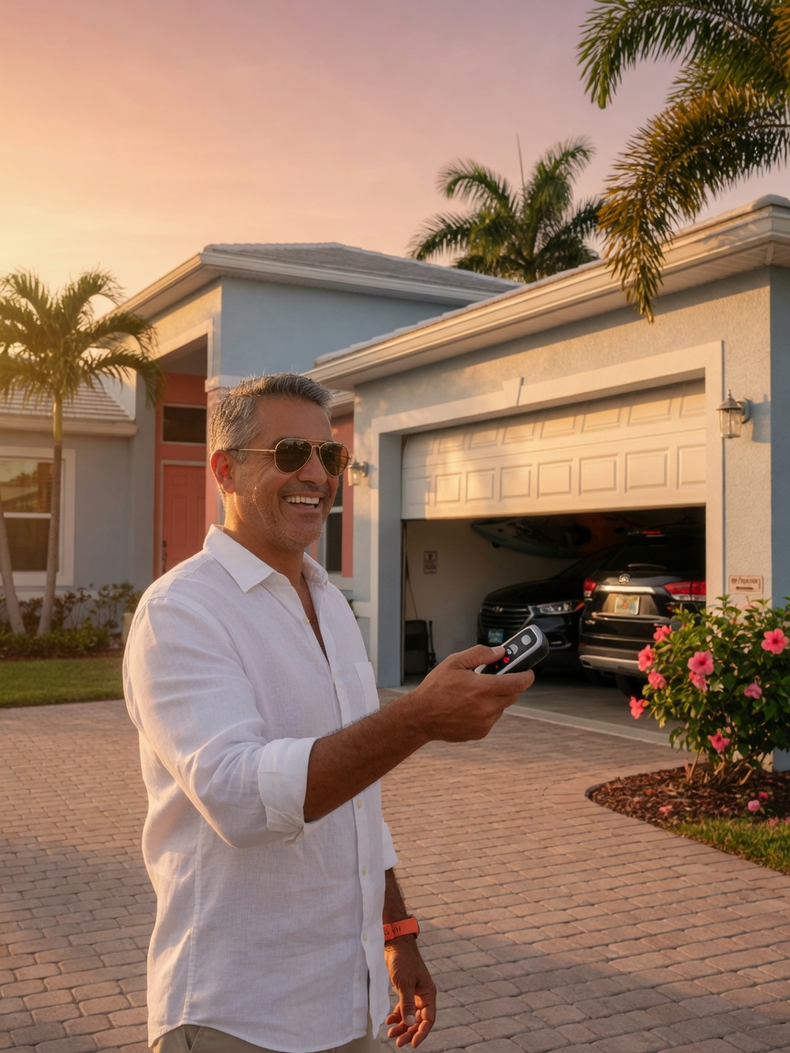 Happy Cape Coral homeowner pressing garage door remote as the door opens smoothly, modern suburban home exterior, golden hour lighting, 8K realism