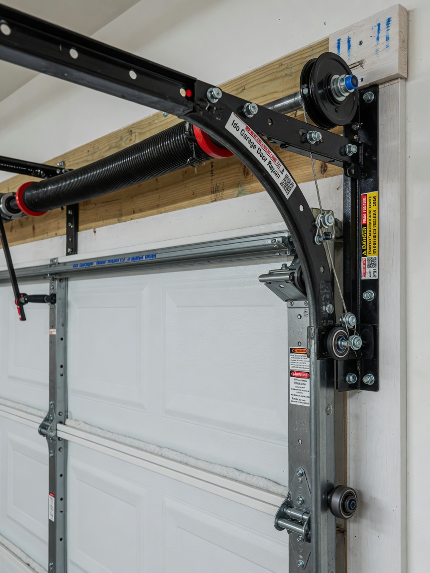 Detailed view of heavy-duty hardware, springs, and tracks on a professionally installed new double steel insulated garage door by Ido Garage Door Repair, technical close-up with perfect focus