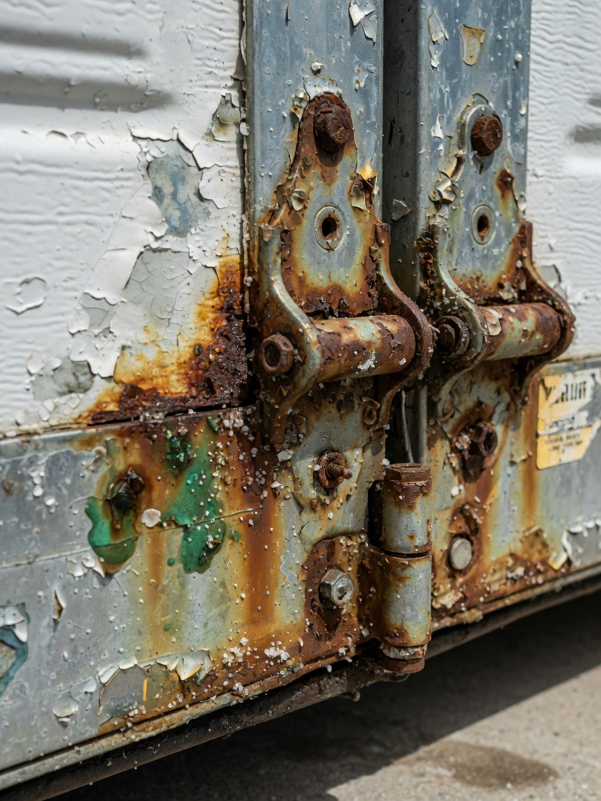 Close-up of heavily corroded bottom bracket and hinges on a garage door due to Florida salt air, extreme detail, macro photography style, 8K resolution