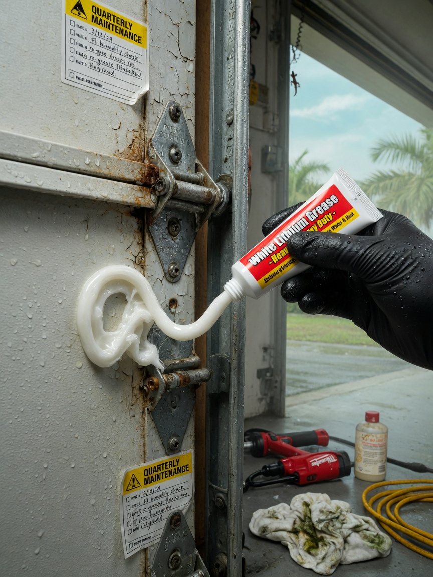 Hyper-realistic 8K shot of white lithium grease being applied to garage door hinges during quarterly maintenance in humid Florida climate