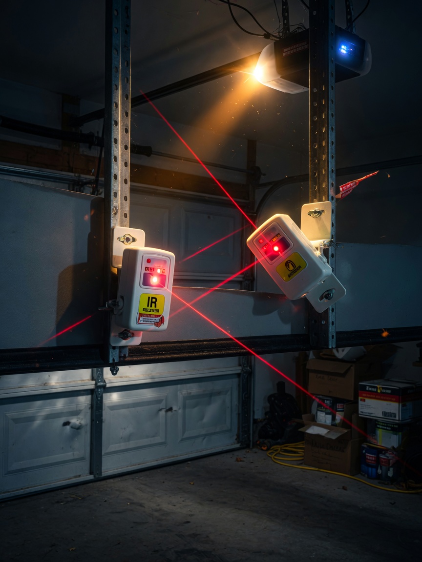 Detailed 8K image showing misalignment of garage door safety sensors with red laser beams visible, dark garage interior, technical accuracy