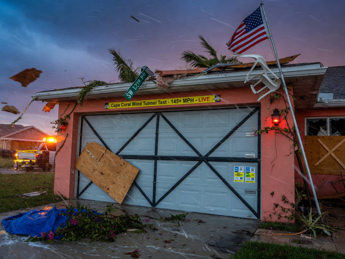 Hurricane wind simulation showing a new double steel insulated garage door withstanding strong winds and flying debris in Cape Coral, dramatic action scene, realistic 8K digital photography