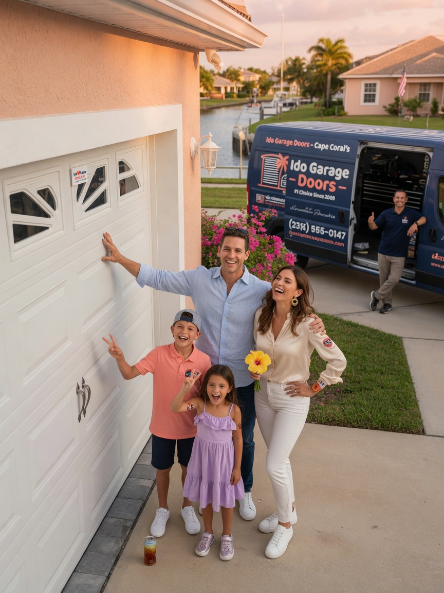 Happy Cape Coral family standing in front of their newly repaired garage door with Ido Garage Doors van in background, warm afternoon light, realistic lifestyle photography