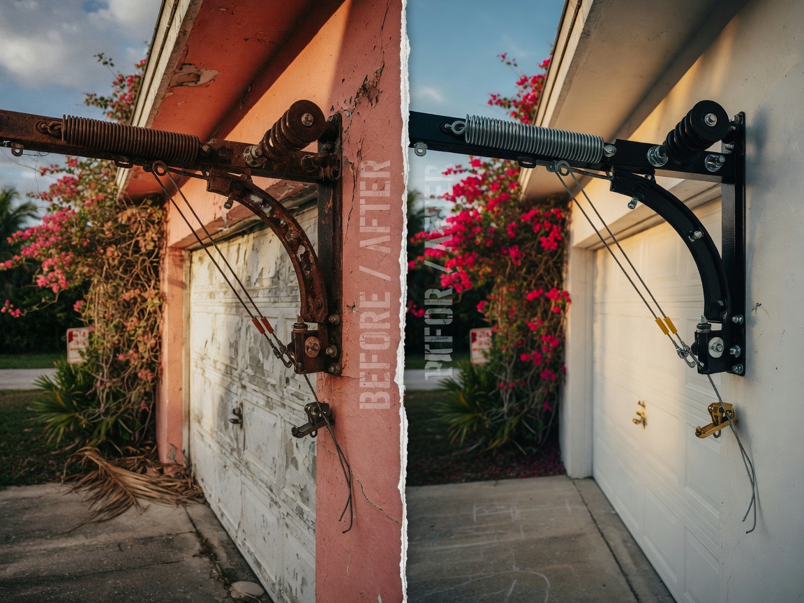 8K cinematic image showing before and after split view of severely rusted vs newly restored garage door hardware in SWFL environment