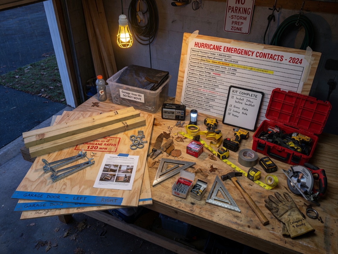 Ultra-realistic 8K image of a complete hurricane preparation kit for garage doors including plywood, braces, tools and emergency contact list on a garage workbench