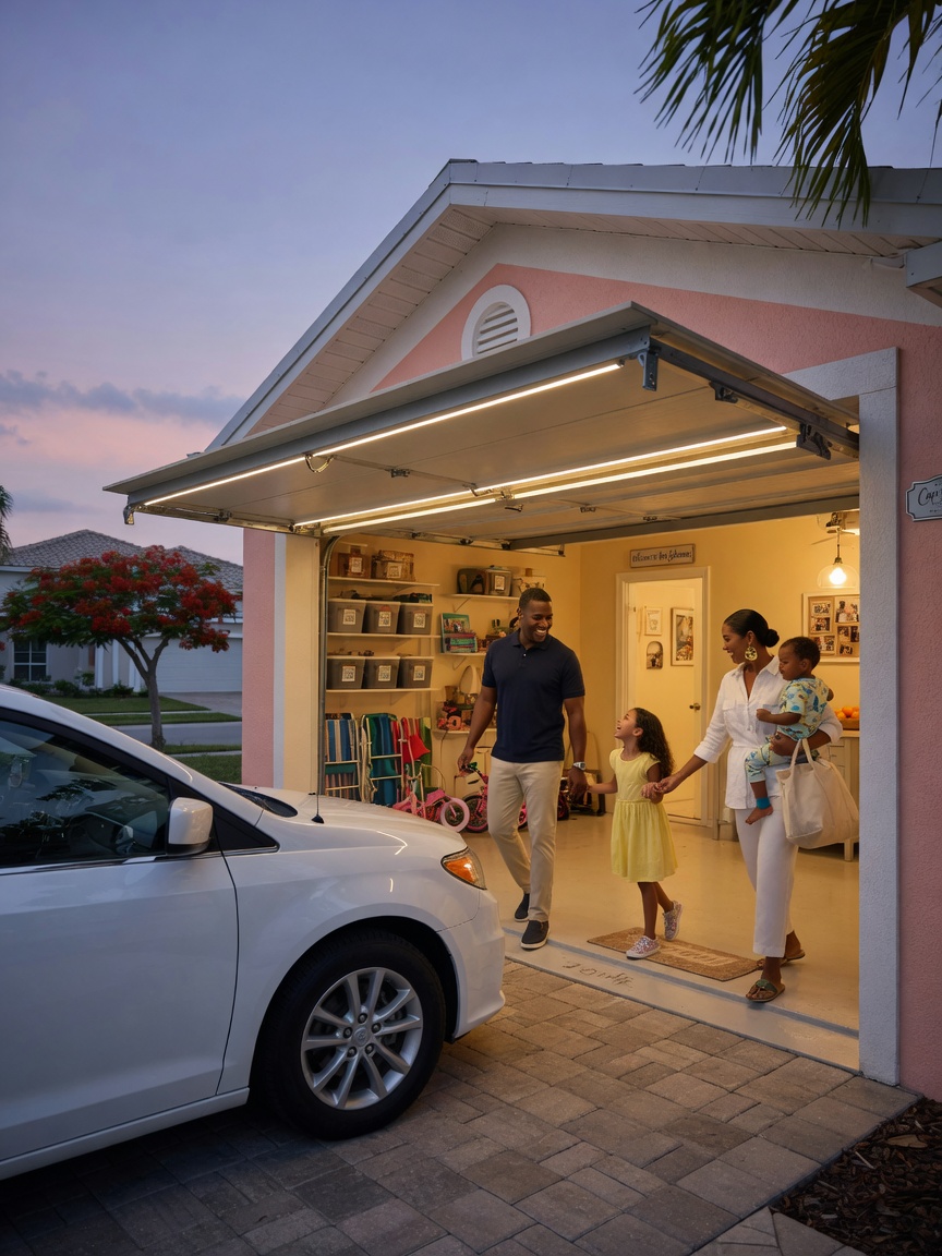 8K realistic photo of a family safely entering their Cape Coral home through a perfectly functioning garage door, warm interior lighting visible, welcoming scene