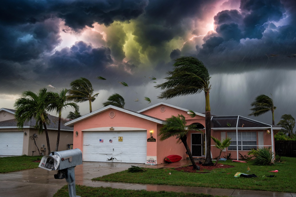 Ultra-realistic 8K photo of a Florida thunderstorm approaching a Cape Coral home with garage door, dramatic clouds and palm trees bending in wind