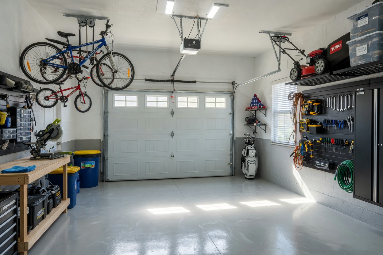 Interior view of a Cape Coral garage with a new double steel insulated garage door, organized storage, bicycles and tools, bright clean space with natural light coming through windows, 8K ultra realistic
