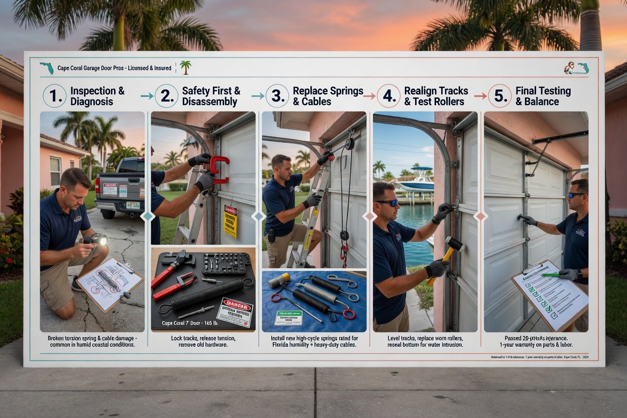 Step-by-step infographic style but photorealistic sequence of garage door repair process in Cape Coral, multiple stages shown cleanly, professional 8K composition