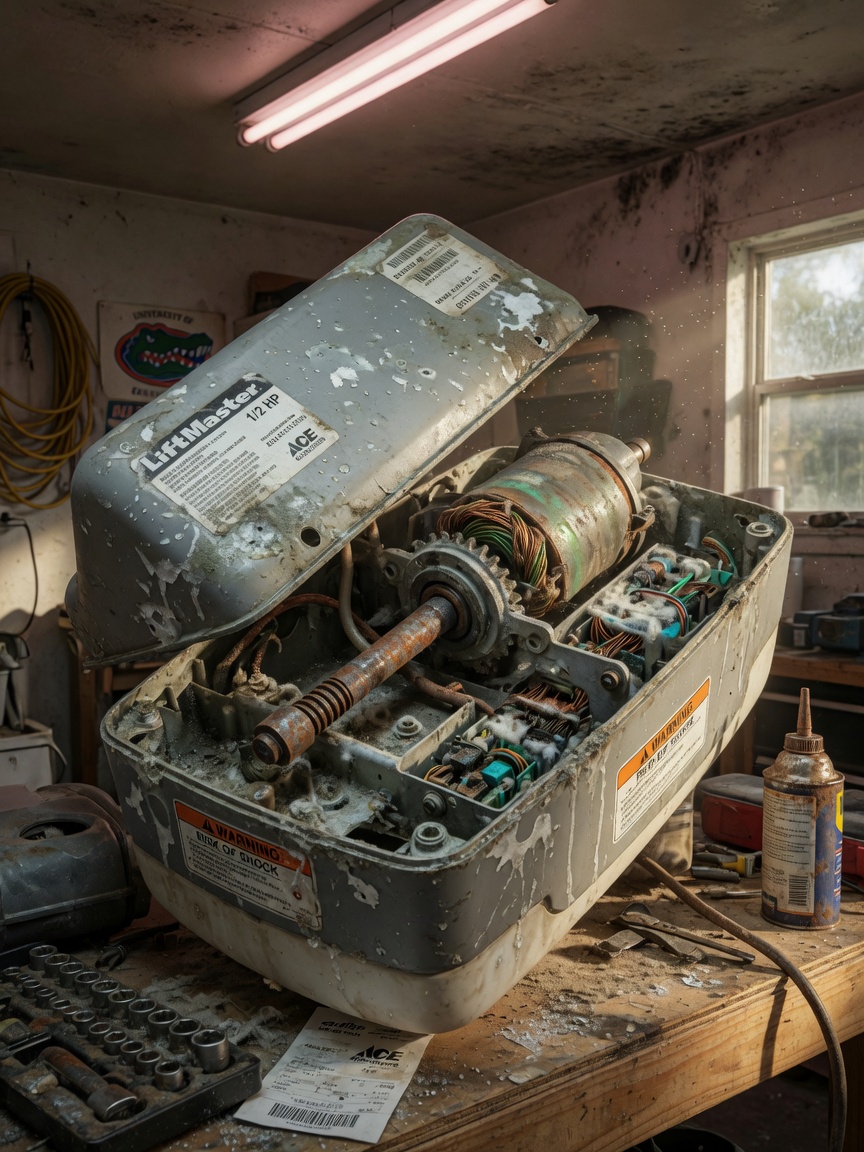 Ultra-realistic 8K photo of garage door opener motor with visible internal corrosion due to prolonged Florida humidity exposure