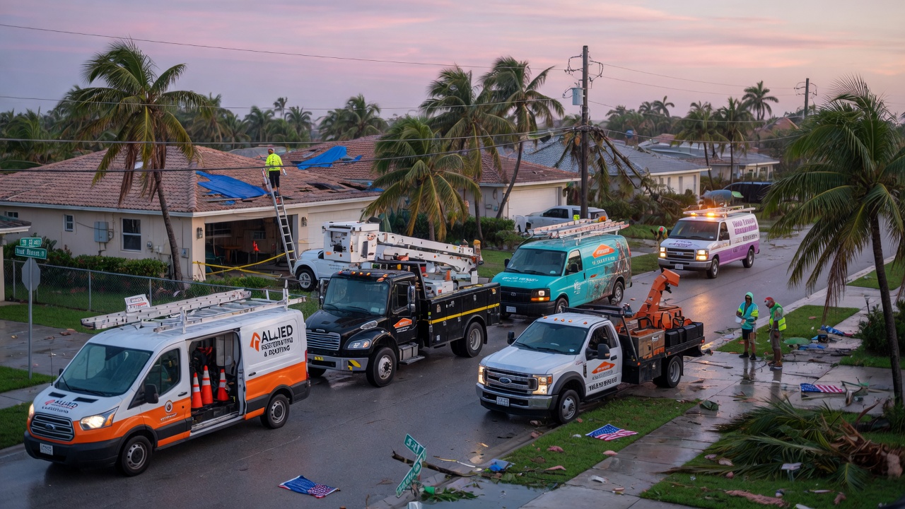 Wide angle 8K photograph of a Cape Coral neighborhood street during early morning with multiple service vans responding to storm damage after a hurricane