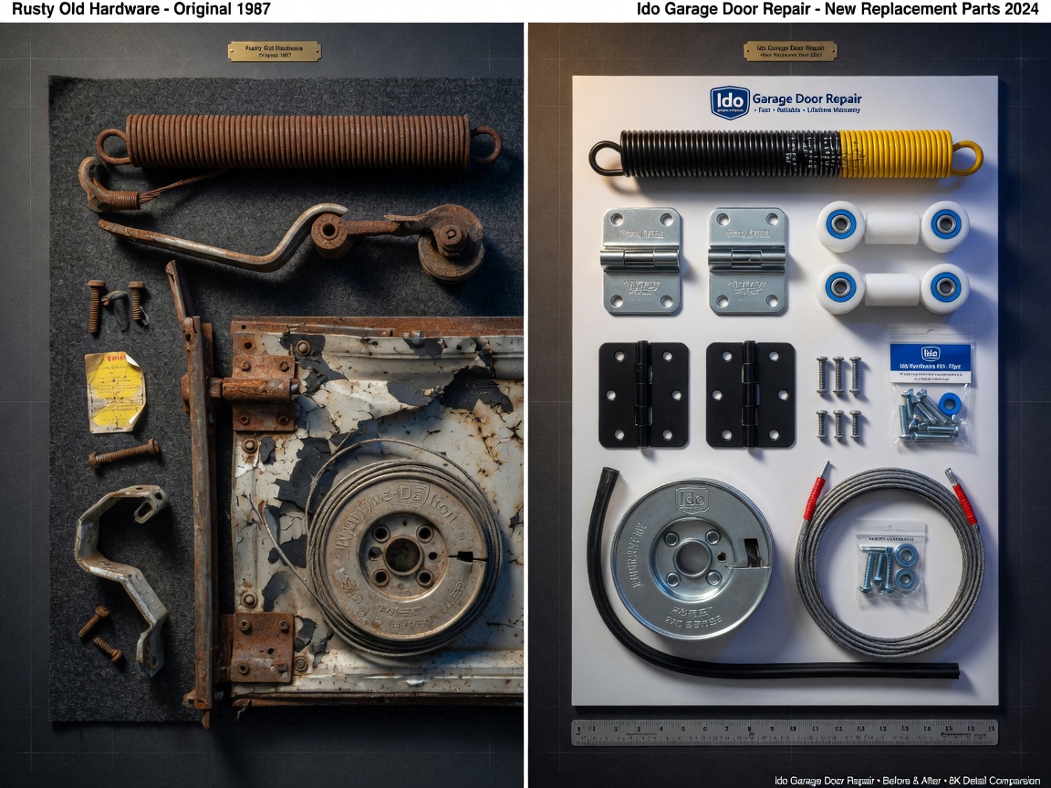 Ultra-detailed 8K image showing comparison of rusty old garage door hardware versus brand new replacement parts from Ido Garage Door Repair, clean organized layout
