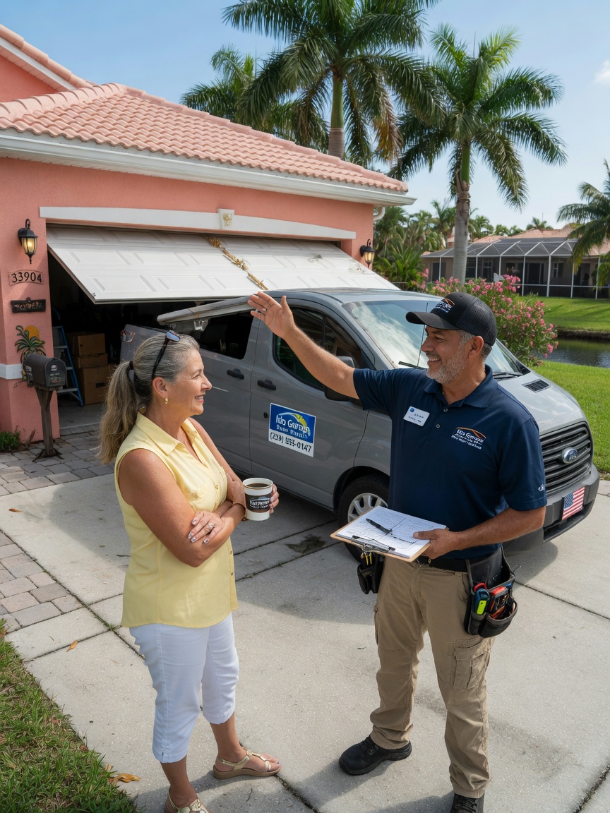 Technician from Ido Garage Door Repair consulting with customer in driveway of a 33904 Cape Coral home, friendly interaction, natural daylight, 8K detail