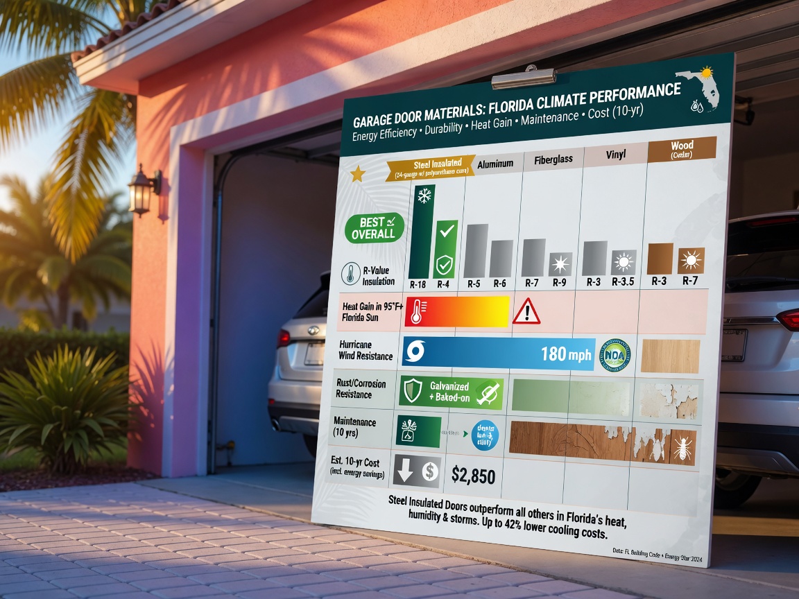 Comparison chart visualization of different garage door materials showing steel insulated doors performing best in Florida climate, clean infographic style integrated into realistic garage setting