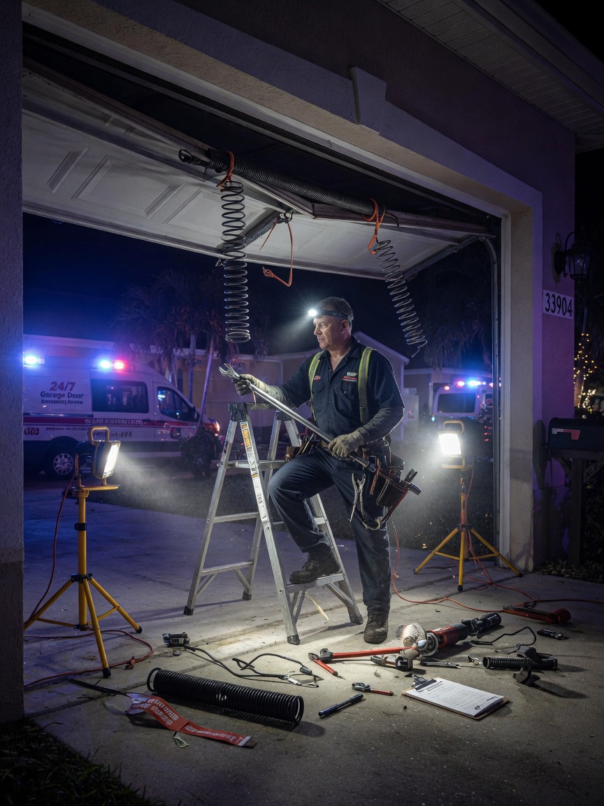 Emergency nighttime garage door repair in Cape Coral 33904, technician with work lights repairing a broken spring, high contrast realistic lighting, dramatic 8K image