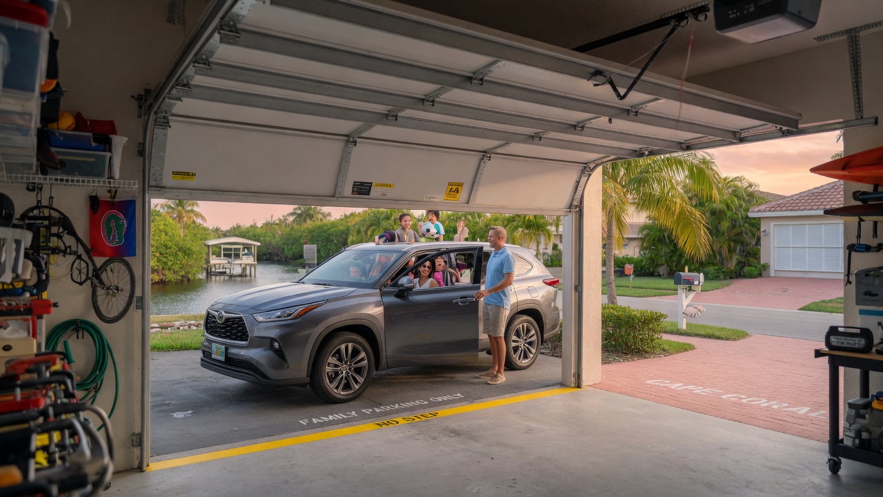 Photorealistic 8K wide angle view of a family safely parking car inside garage with properly functioning wind-rated door in Cape Coral Florida