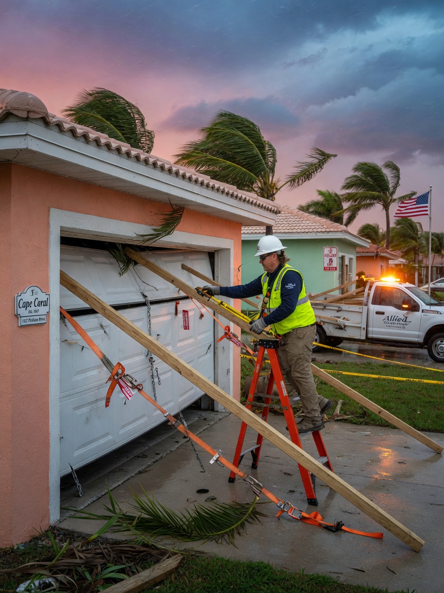 Ultra-realistic 8K image of a technician safely securing a broken garage door with temporary bracing during strong winds in a Cape Coral residential area