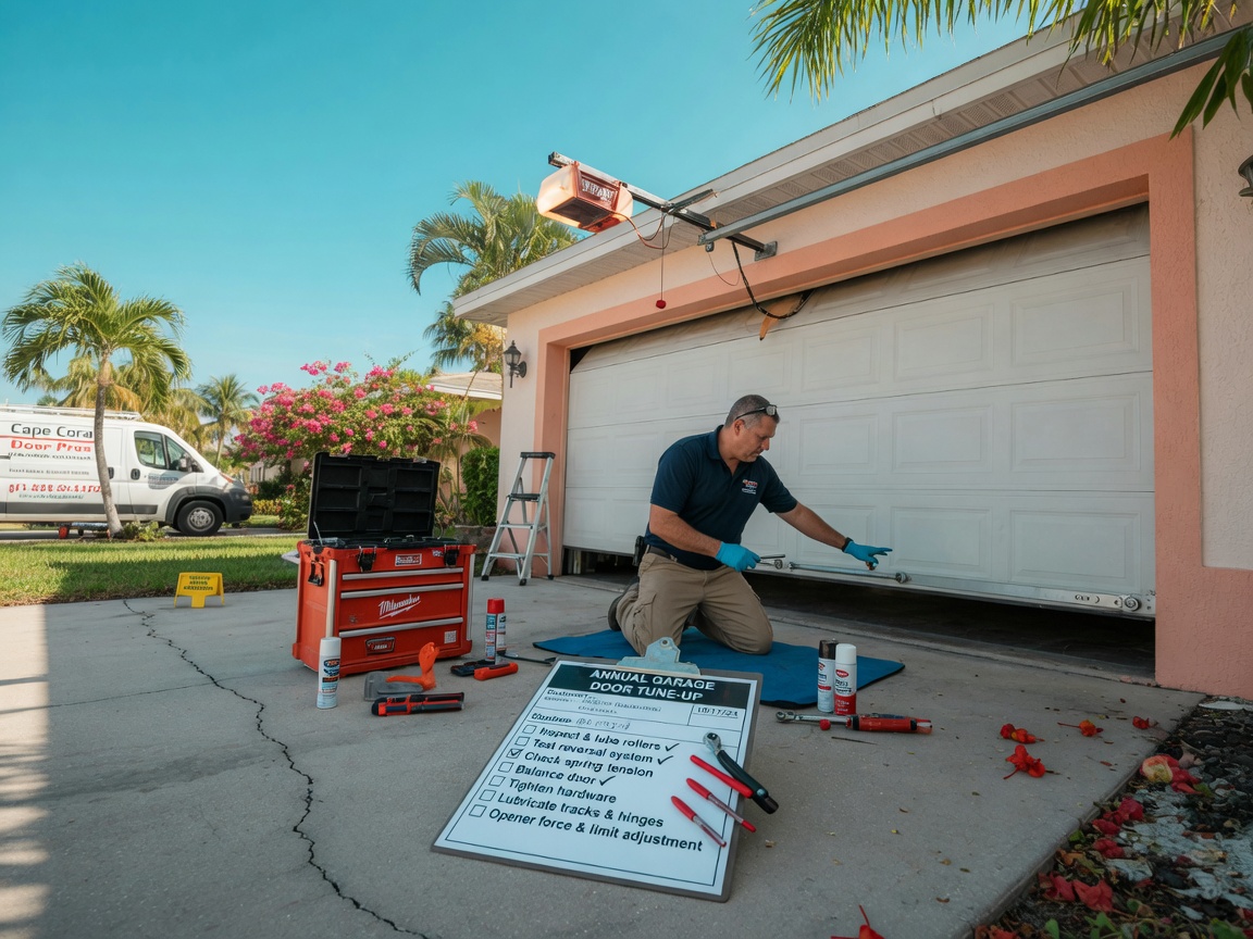 Wide angle 8K photograph of a technician performing annual garage door maintenance and tune-up in a Cape Coral driveway, checklist visible, professional service