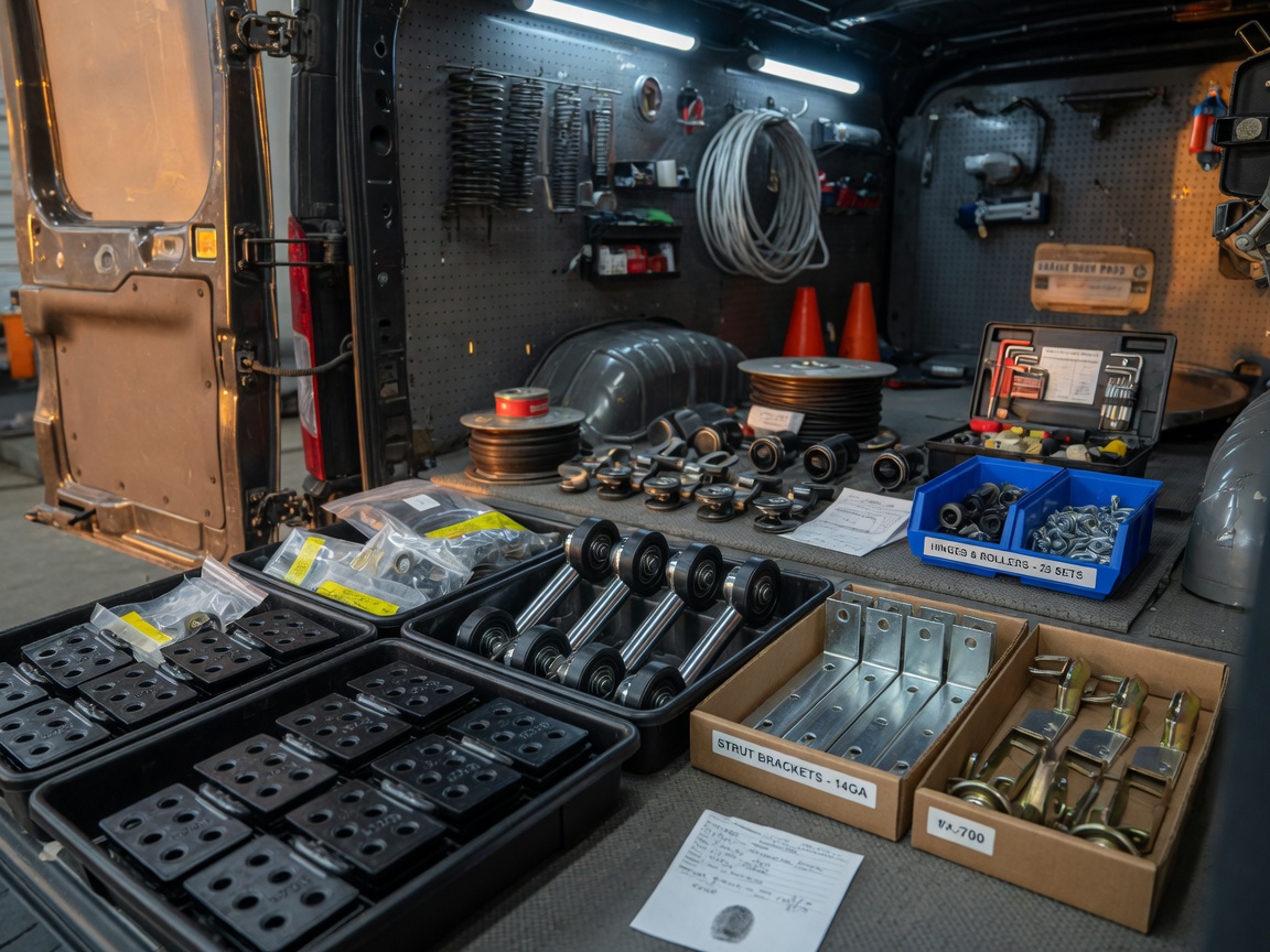 High resolution 8K image of various garage door hardware parts including hinges, rollers, and brackets arranged neatly in a service van