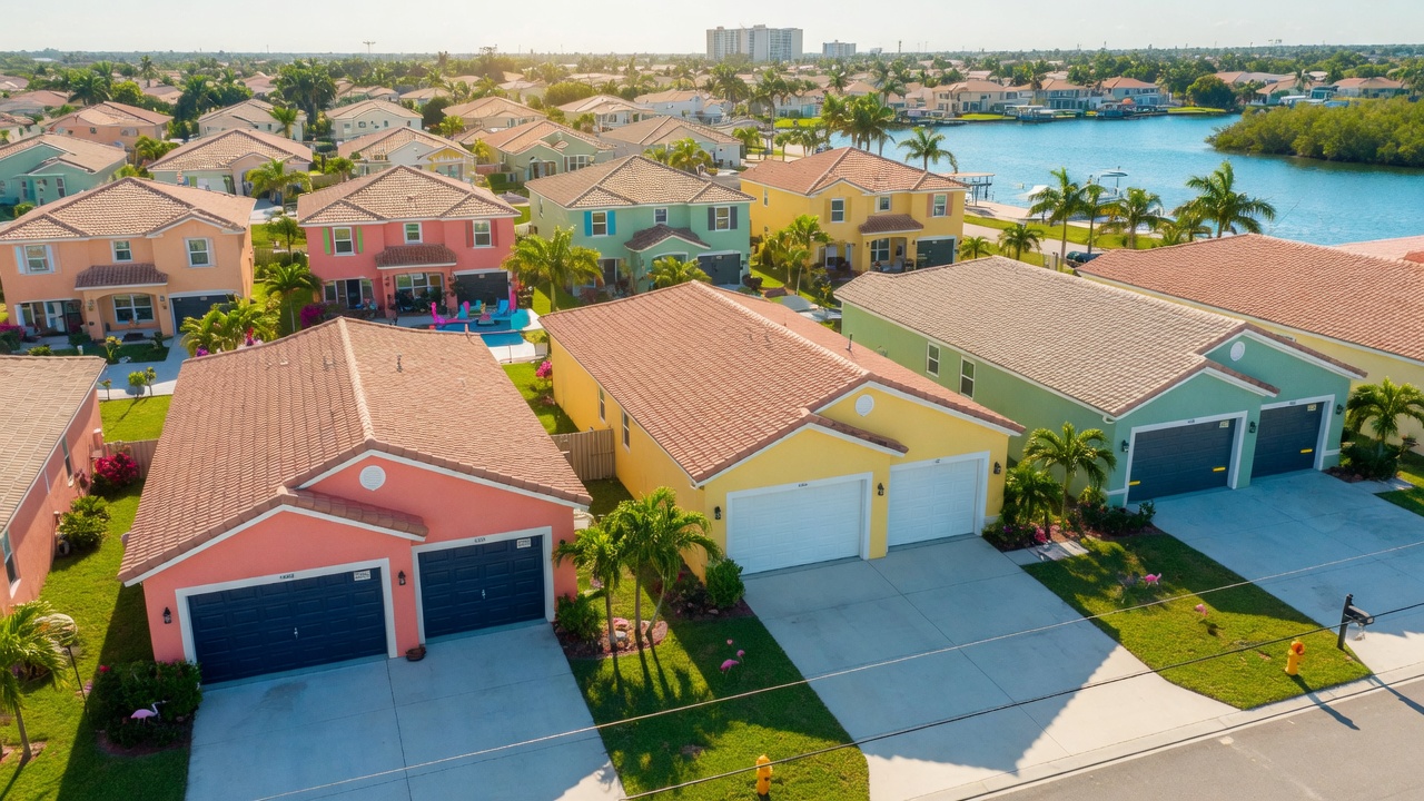 Aerial drone shot of a Cape Coral 33904 neighborhood with multiple homes featuring new double steel insulated garage doors, sunny Florida day, vibrant colors, highly detailed 8K image