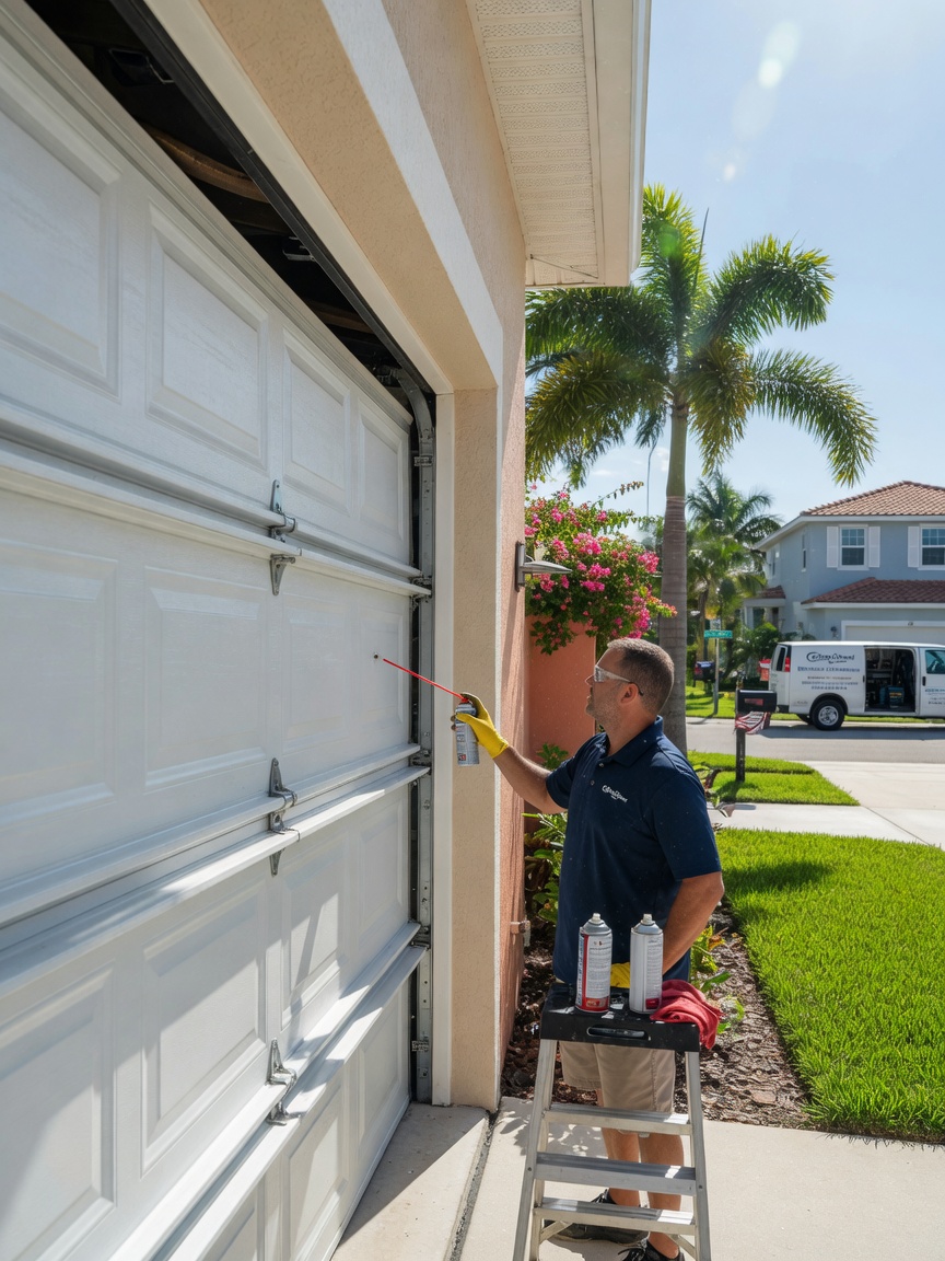 Annual maintenance service being performed on a white garage door in a well-kept Cape Coral neighborhood, technician lubricating tracks, bright sunny day, ultra realistic