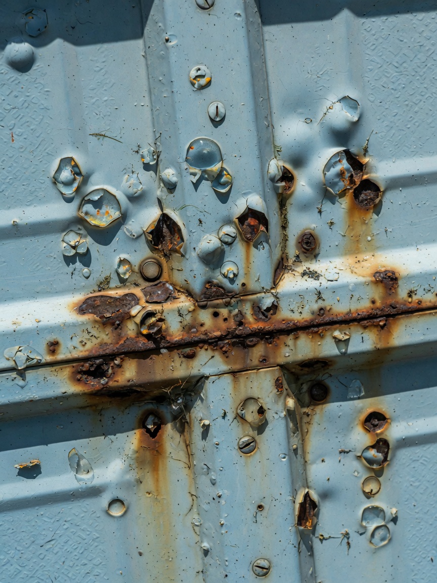 Detailed 8K macro image of blistering paint and rust bubbles on steel garage door panels caused by trapped moisture in subtropical climate