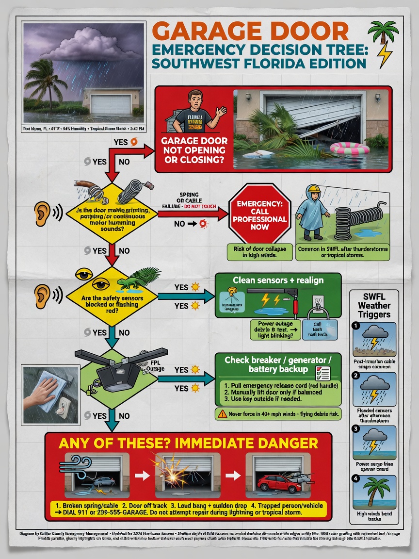 Detailed 8K instructional diagram showing the diagnostic decision tree for determining garage door emergencies with icons and Southwest Florida weather elements