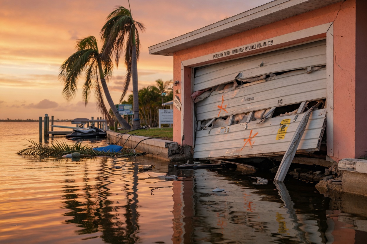 Dramatic 8K image of a hurricane impact rated garage door on a waterfront Cape Coral property during golden hour, reflecting water and palm trees