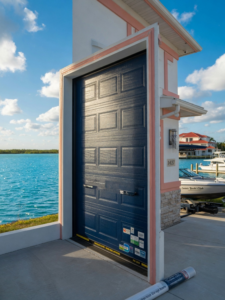 Ultra-realistic 8K photograph of a newly installed hurricane-rated garage door on a luxury Cape Coral waterfront property, blue sky and water visible