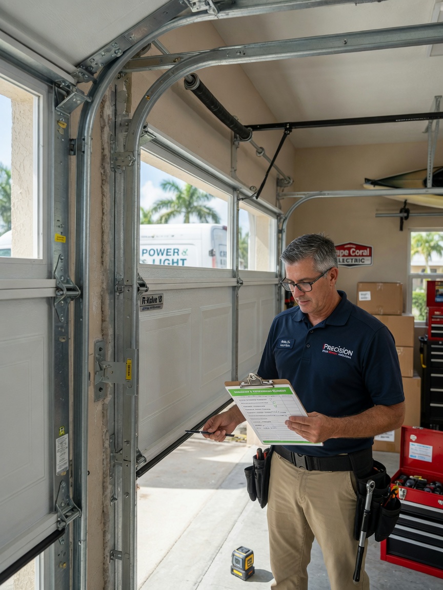 Technician performing maintenance on a new double steel insulated garage door in a Cape Coral garage, checklist in hand, professional and trustworthy appearance, natural lighting