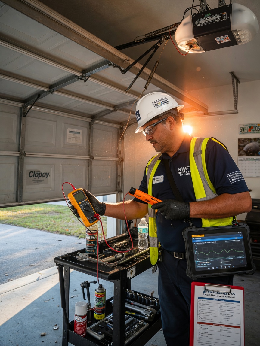 8K realistic image of professional SWFL garage door technician performing annual maintenance inspection with diagnostic tools