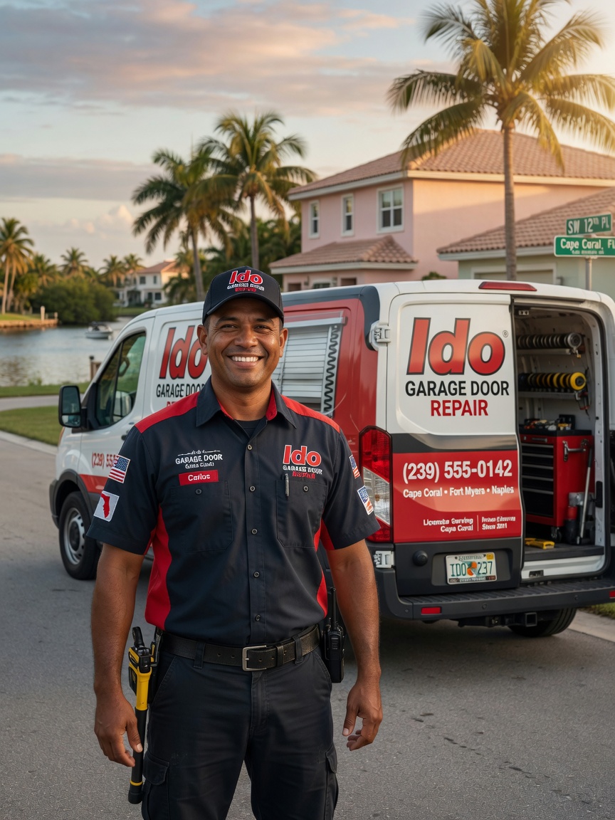 8K ultra-realistic portrait of a smiling Ido Garage Door Repair technician in branded uniform standing in front of service vehicle in Cape Coral, Florida