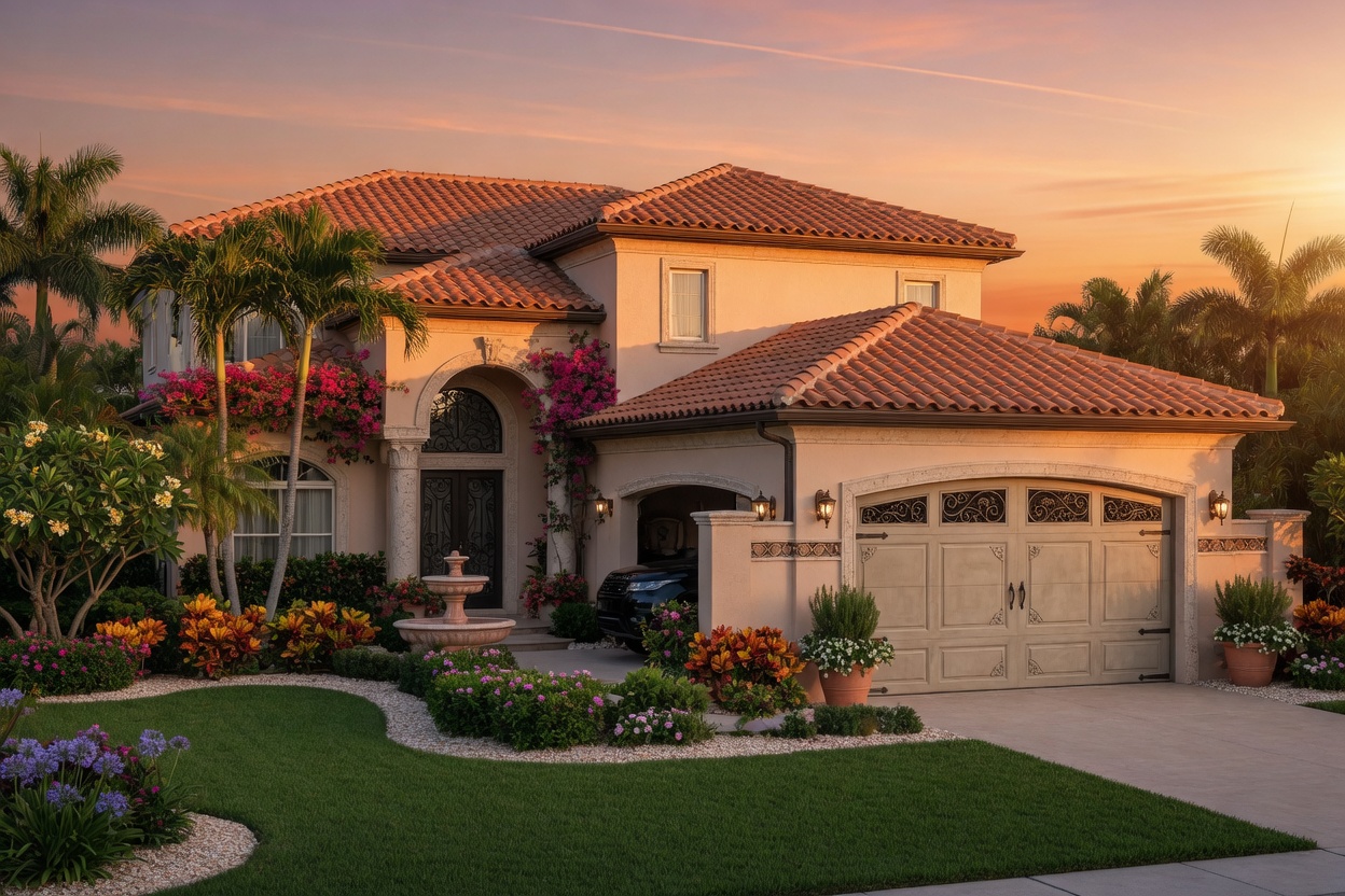 Luxurious Mediterranean style Cape Coral home with terracotta roof and custom new double steel insulated garage door in sand color, beautifully landscaped yard, golden hour photography 8K