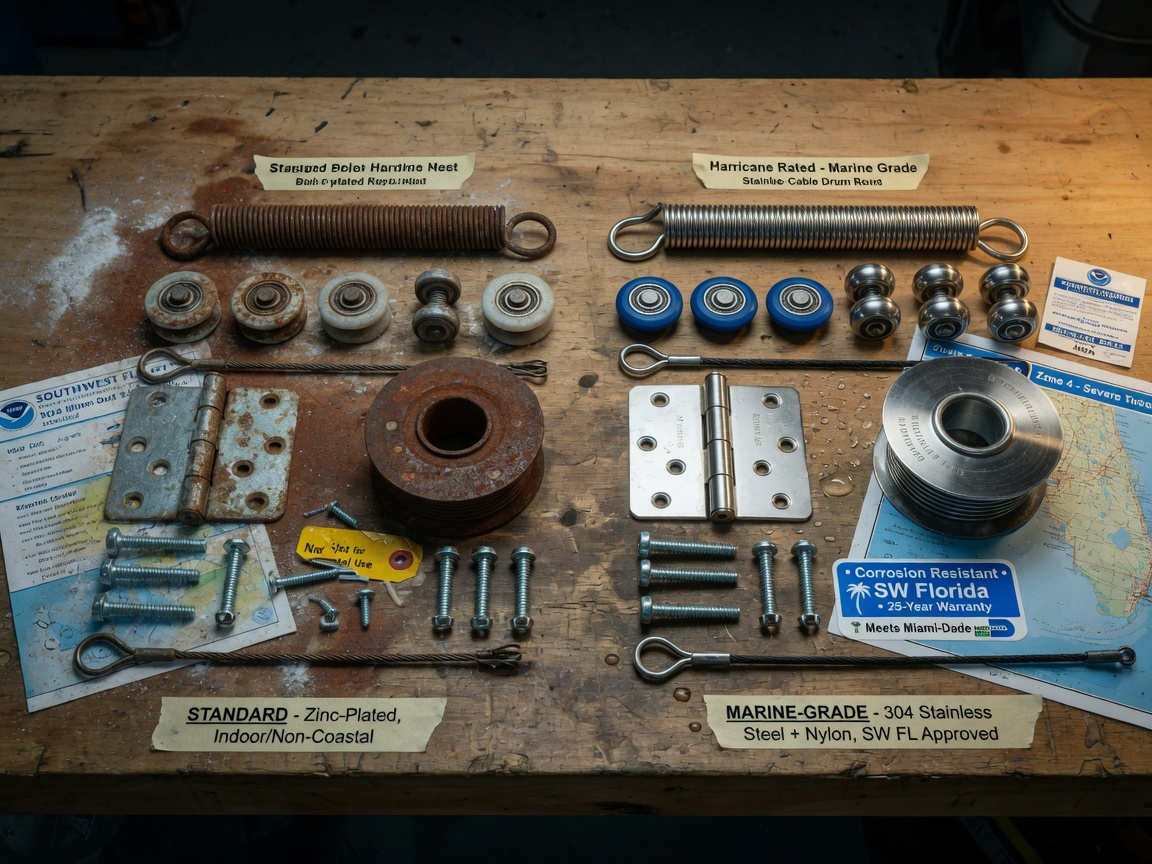 Detailed comparison of standard vs marine-grade corrosion-resistant garage door hardware used in Southwest Florida, side by side on workbench, technical 8K product photography