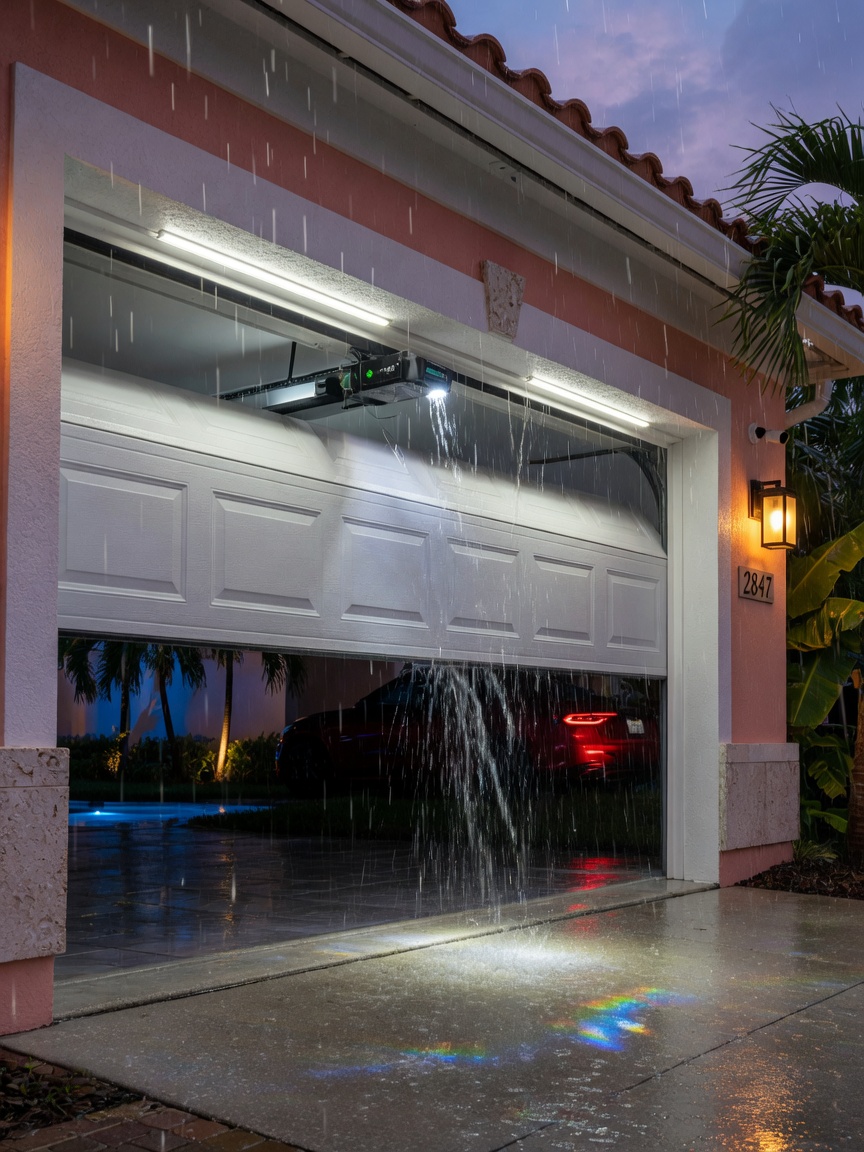 Ultra-realistic 8K evening shot of illuminated garage door with smart opener installed on modern Florida home during rain storm