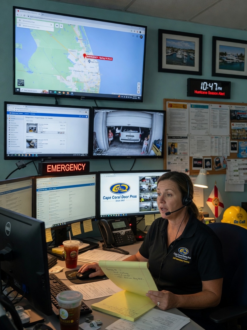 Professional 8K photograph of a customer service representative taking an emergency call at a local Cape Coral garage door company dispatch center with multiple screens