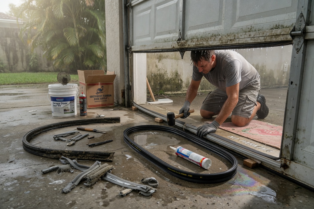 Detailed 8K shot of weatherstripping and bottom seal being replaced on a garage door in humid Cape Coral climate, moisture visible on concrete floor