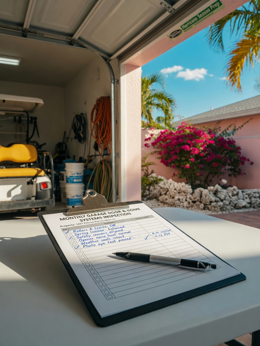 Professional 8K image of a maintenance checklist being completed on a clipboard next to an open garage door in Southwest Florida