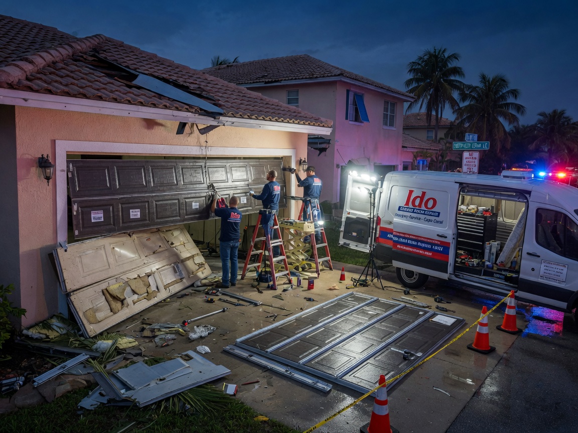 Emergency service scene at night with Ido Garage Door Repair team installing a new double steel insulated garage door under work lights at a Cape Coral home after storm damage, dramatic realistic photo