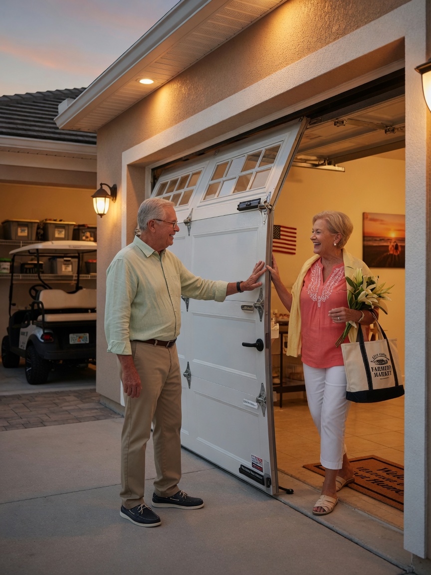 Senior Cape Coral couple safely entering their home after garage door has been professionally repaired, welcoming expression, realistic lifestyle scene, warm tones, 8K