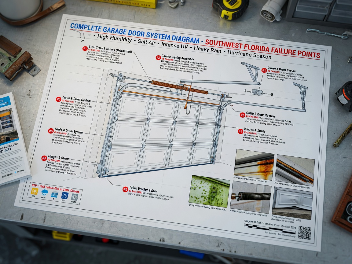Hyper-detailed 8K image of complete garage door system diagram with labeled common failure points specific to Southwest Florida climate conditions
