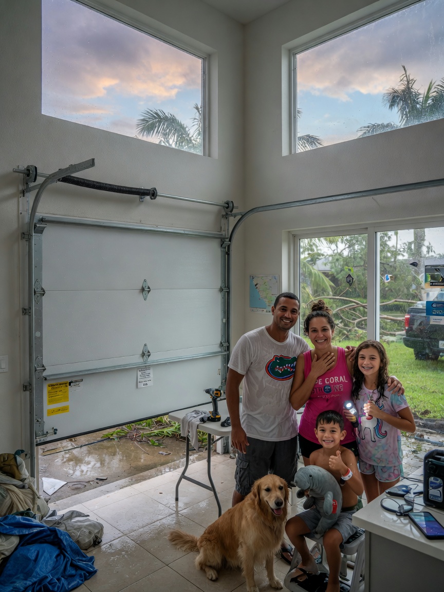 Ultra-realistic 8K lifestyle image of a relieved Cape Coral family safely inside their home with a newly repaired garage door visible behind them after a storm has passed