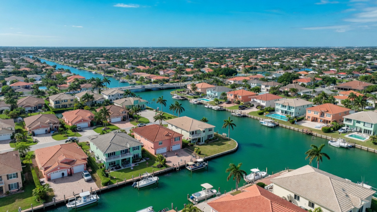 Aerial-style 8K photograph of the Cape Coral Florida canal district showing many homes with garage doors, beautiful waterfront community, bright clear day