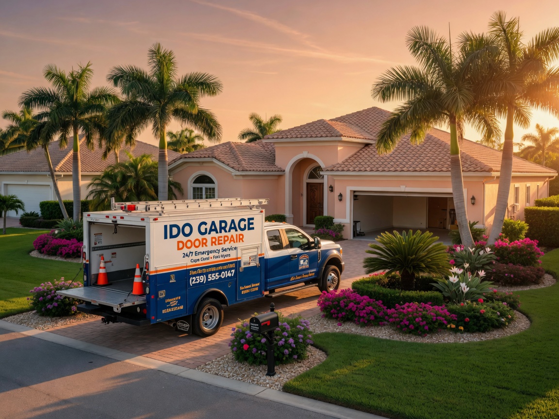Ultra-realistic 8K hero image of Ido Garage Door Repair service truck parked in front of a beautiful Cape Coral home with palm trees and perfect landscaping