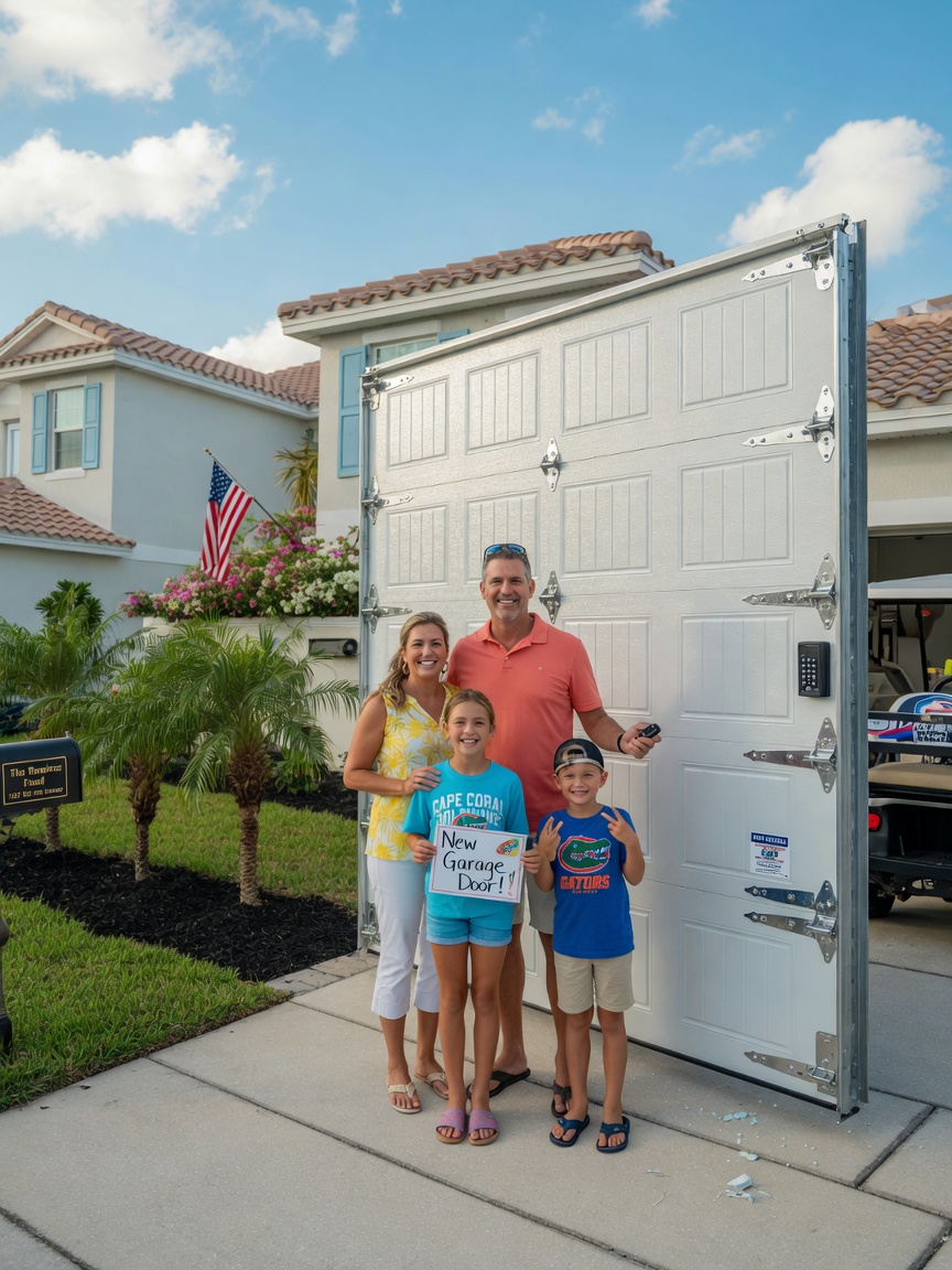 Happy Cape Coral family standing in front of their newly installed double steel insulated garage door, warm smiles, suburban setting, perfect composition, ultra-realistic family lifestyle 8K image