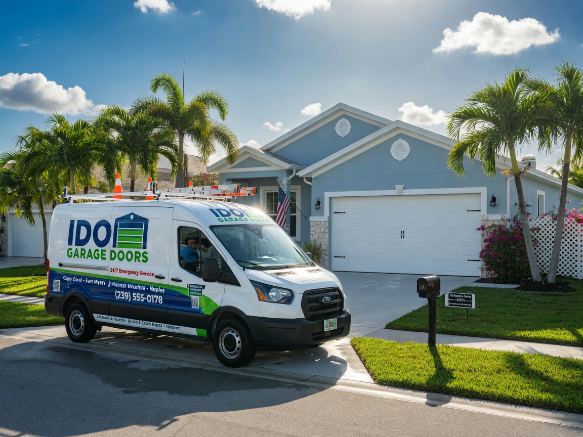 Professional Ido Garage Doors branded service van parked in front of a beautiful Cape Coral home with perfectly functioning garage door, sunny Florida day, sharp 8K detail