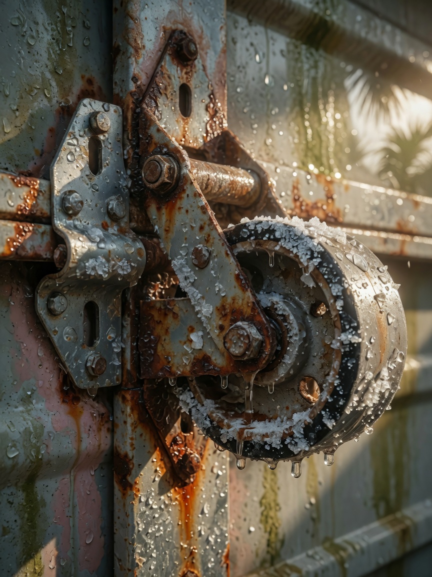 Close-up 8K image of corroded garage door rollers and hinges covered in white salt residue and rust in humid Florida environment, water droplets visible, photorealistic