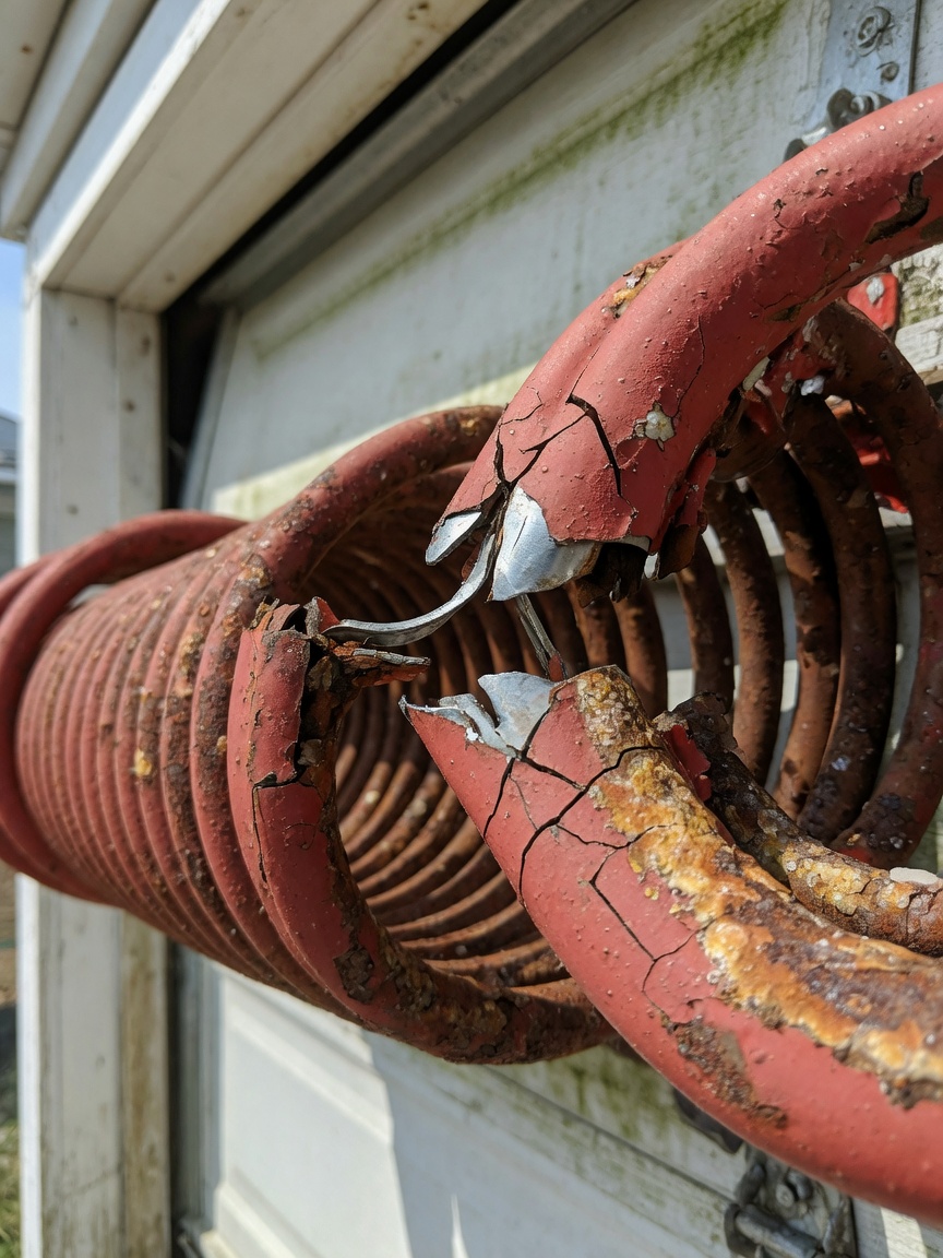 Close-up ultra-realistic 8K image of a broken torsion spring on a residential garage door showing metal fatigue and rust from coastal salt air, natural daylight with shallow depth of field
