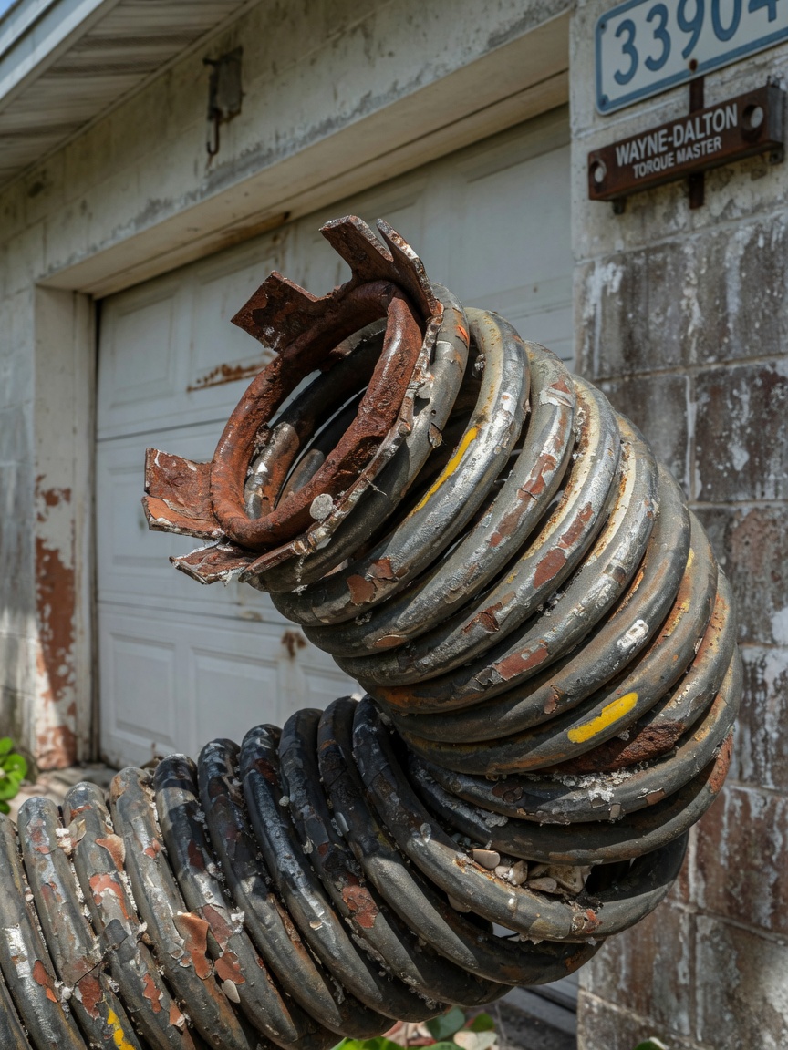 Close-up 8K image of a broken torsion spring on a residential garage door in Cape Coral 33904, showing rust and wear from salt air, realistic metal texture and coiled spring detail